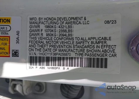 2023 Honda Accord Ex z USA, uszkodzony, nr VIN 1HGCY1F38PA056870